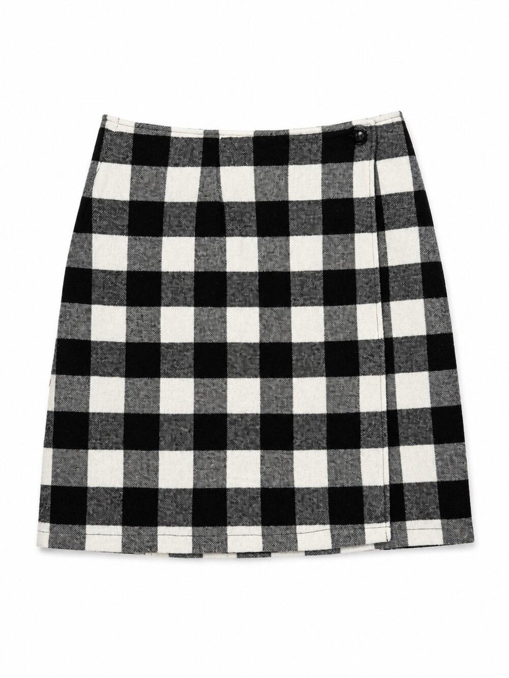 Vintage Women Skirt 14 Mini Black White Buffalo Plaid Wrap Button Detail Lined
